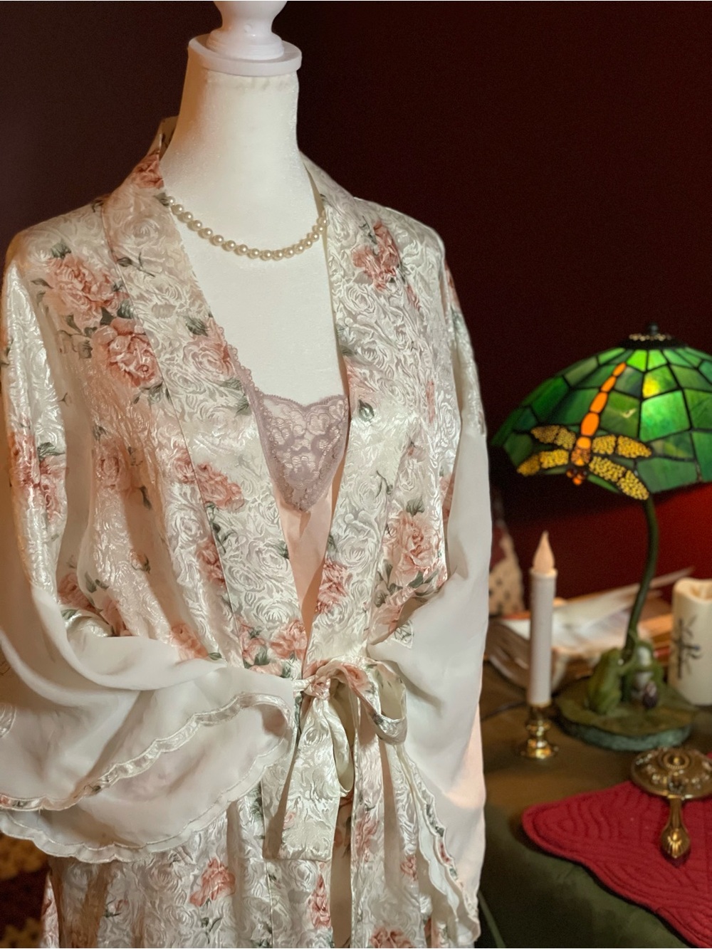 Vintage 80s Val Mode Floral Satin Robe Jacquard Cottagecore Pastel Pink Sz L - Picture 6 of 11